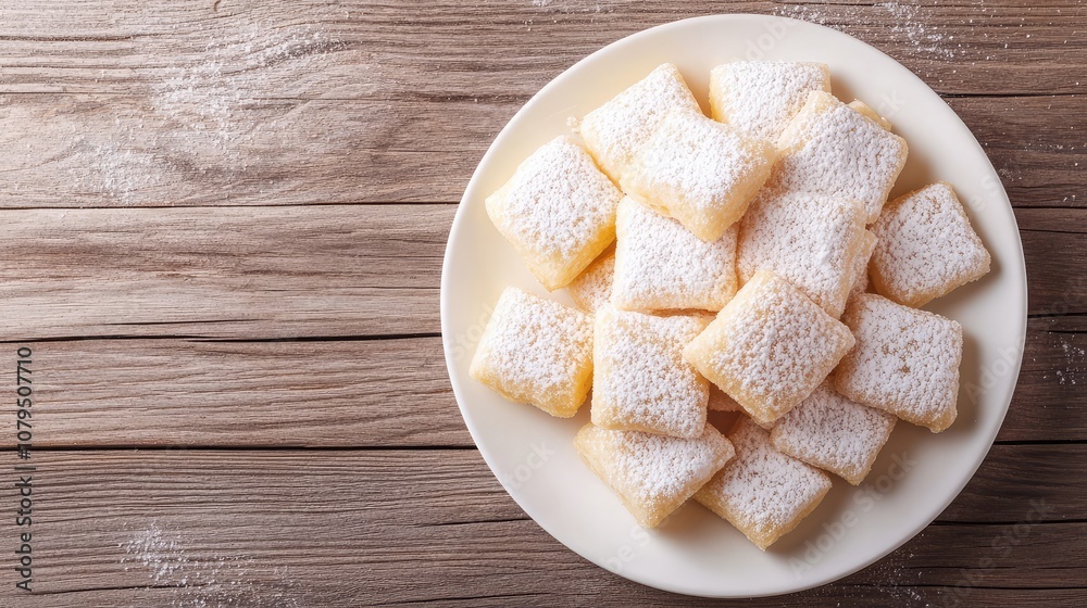 Sweet Delicacies on a White Plate Surrounded by Natural Wood Background, Featuring Soft, Powdered Sugar Dusting on a Collection of Delicious Treats Sweet Delicacies on a White Plate Surrounded by Natural Wood Background, Featuring Soft, Powdered Sugar Dusting on a Collection of Delicious Treats
