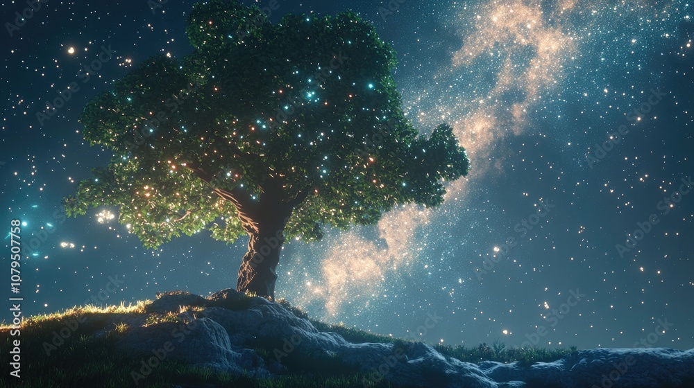 3D cartoon depiction of the Milky Way rising above a tree with long exposure noise often appearing as bright spots 3D cartoon depiction of the Milky Way rising above a tree with long exposure noise often appearing as bright spots