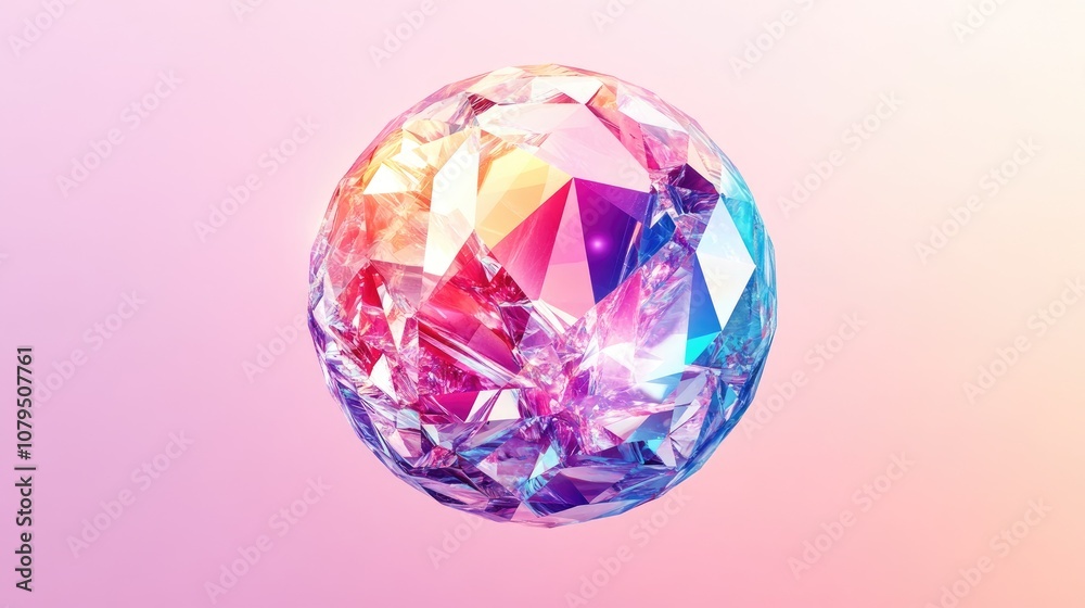 Vibrant round gem background featuring a multicolored polygonal sphere made of gradient low poly triangles showcasing a pattern of various crystals and gemstones Vibrant round gem background featuring a multicolored polygonal sphere made of gradient low poly triangles showcasing a pattern of various crystals and gemstones