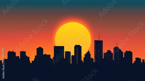 Silhouette of an urban skyline against the backdrop of a rising sun