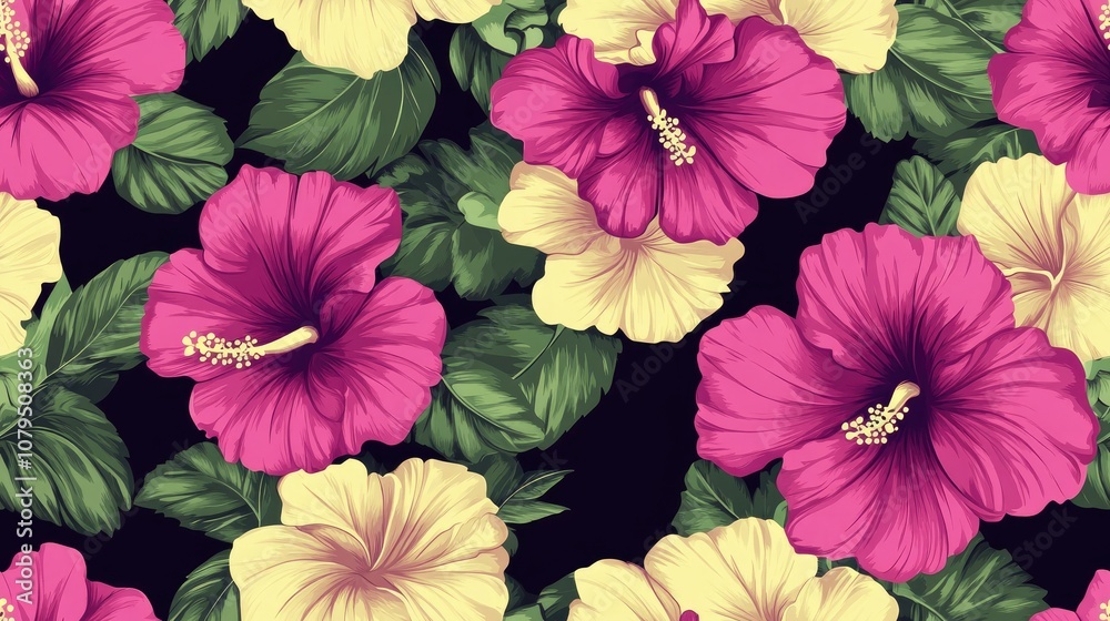 Creative floral pattern featuring hibiscus flowers in beige magenta and green Perfect for web cards posters fabric or textiles Seamless hand drawn tropical style design on a black background Creative floral pattern featuring hibiscus flowers in beige magenta and green Perfect for web cards posters fabric or textiles Seamless hand drawn tropical style design on a black background