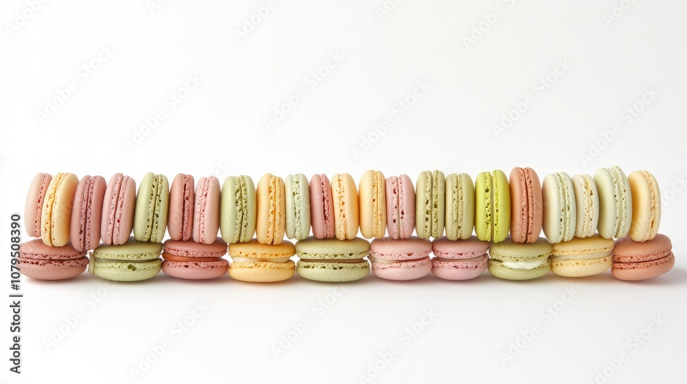 Colorful macarons lined up in a delightful array showcasing pastel hues, ideal for dessert menus, bakery promotions, or sweet treat advertisements Colorful macarons lined up in a delightful array showcasing pastel hues, ideal for dessert menus, bakery promotions, or sweet treat advertisements