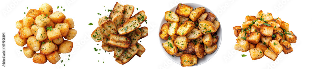 Toasted garlic bread croutons with herbs set collection on transparent cutout background, PNG file. Mockup clipart template Toasted garlic bread croutons with herbs set collection on transparent cutout background, PNG file. Mockup clipart template
