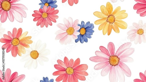 Seamless floral pattern design featuring colorful daisies on a white background