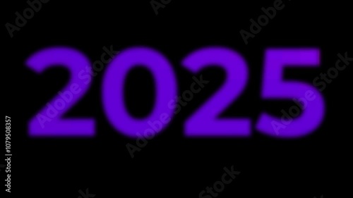 The inscription 2025 shimmering in pink and purple colors appearing on a black background. New Year's motive. New Year. Lettering, calligraphy. Video art graphic