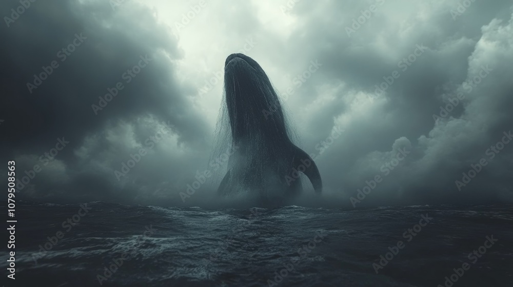 A large whale breaches the surface of the ocean under a stormy sky. A large whale breaches the surface of the ocean under a stormy sky.