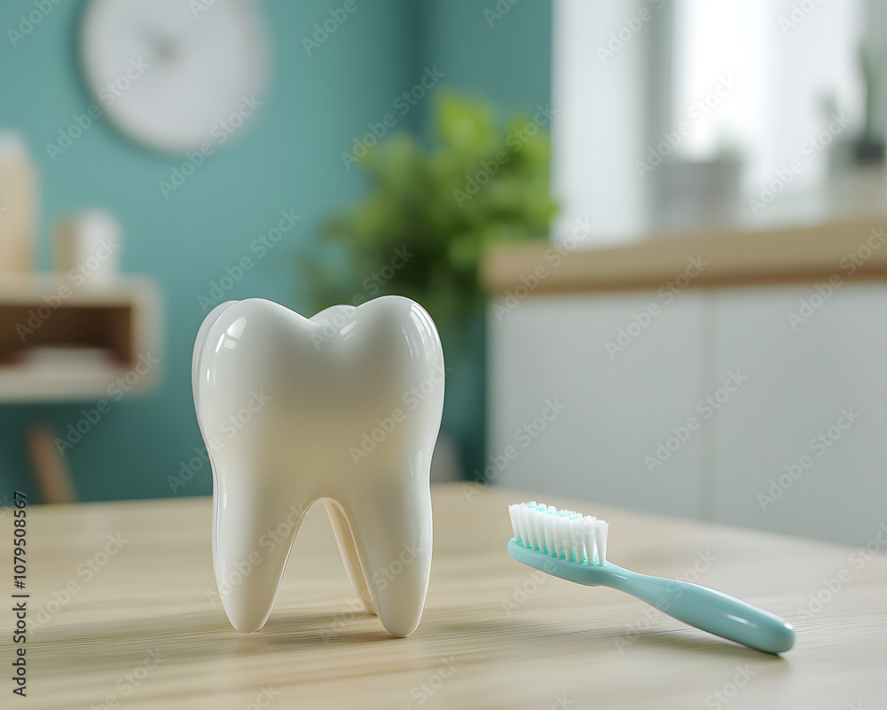 A large model of a tooth next to a toothbrush on a table, highlighting dental hygiene.