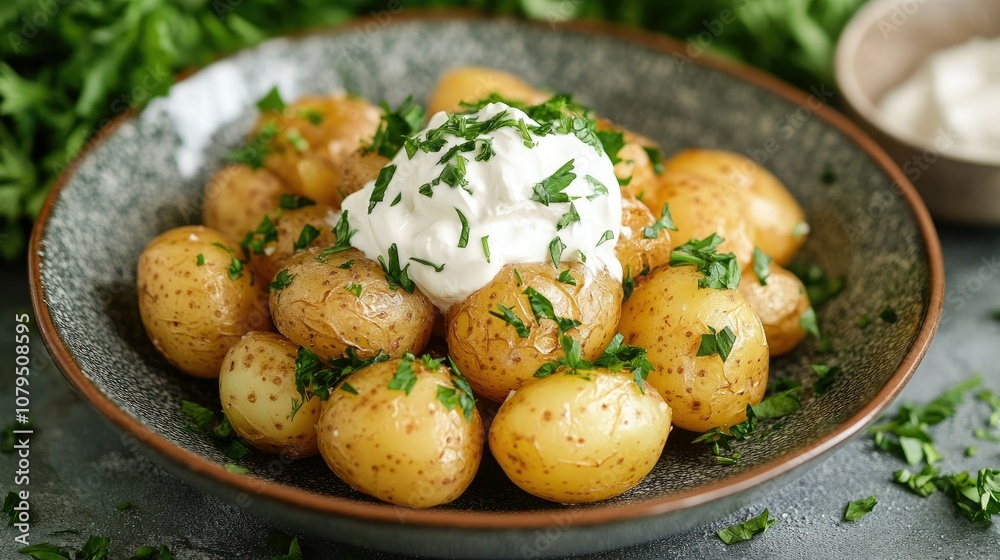 Creamy Potatoes with Fresh Herbs in a Bowl Creamy Potatoes with Fresh Herbs in a Bowl