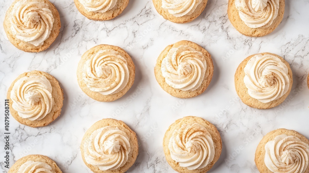 Delicious Homemade Cookies with Creamy Swirled Frosting Arranged on a Marble Surface for a Tempting Dessert Display Delicious Homemade Cookies with Creamy Swirled Frosting Arranged on a Marble Surface for a Tempting Dessert Display