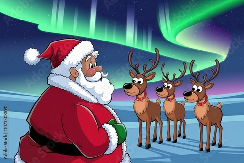 Whimsical Cartoon Santa Claus Reindeer Vibrant Northern Lights - Christmas Marketing, Holiday Cards, Festive Celebrations