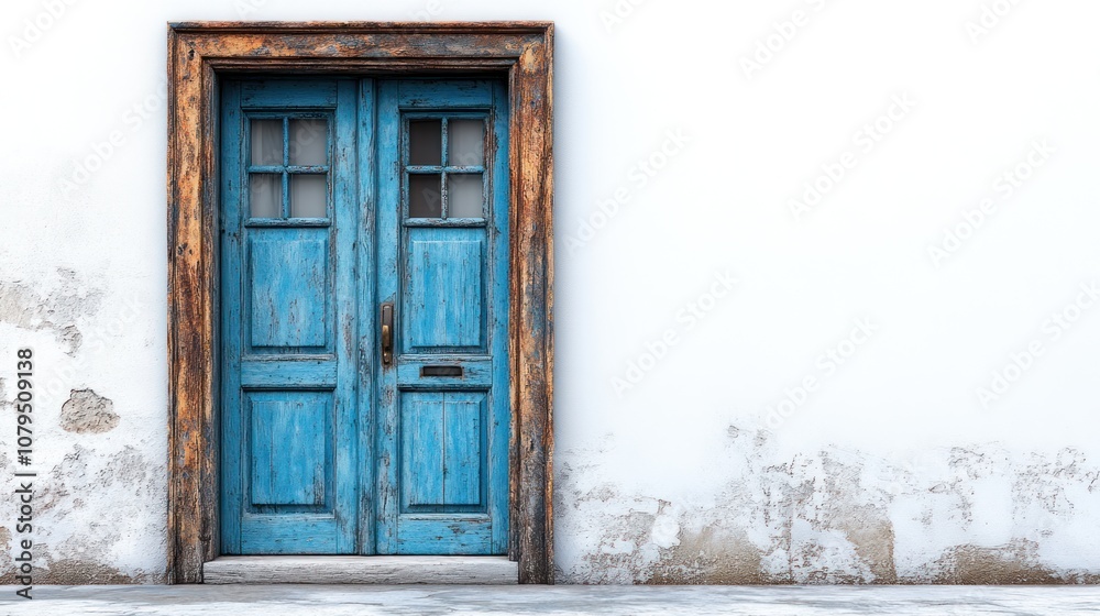 Weathered blue double door on white wall. Weathered blue double door on white wall.