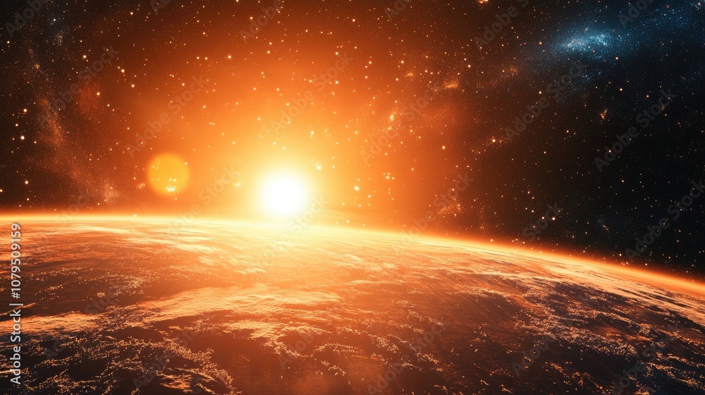 Cartoon 3D rendering of a sunrise in space Cartoon 3D rendering of a sunrise in space