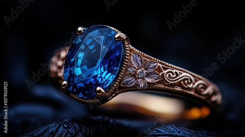 A stunning blue gemstone ring sits elegantly in a dark setting, its intricate design highlighted by delicate floral motifs that emphasize its artistry and value. photo