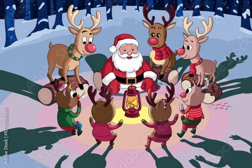 Cheerful Cartoon Santa Claus Reindeer Lantern Snowy Forest - Festive Christmas Illustration Holiday Marketing, Decorations, Greeting Cards