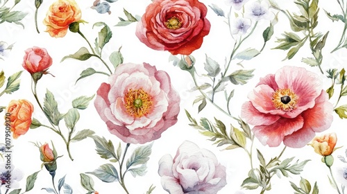 Watercolor seamless floral pattern featuring vintage flowers and botanical art ideal for wedding invitations and decor