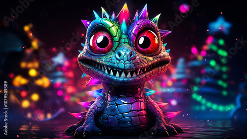 digital creature has a scaly body with vibrant rainbow colors, red eyes, and a toothy grin, wearing black spiked armor against a dark, whimsical background