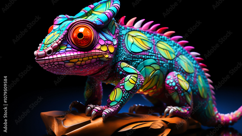 Fototapeta premium neon chameleon scaly body with vibrant rainbow colors, red eyes.