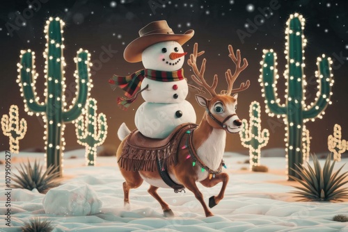 Whimsical Cartoon Snowman Riding Reindeer Colorful Christmas Lights Desert - Playful Holiday Illustration Unique Christmas Marketing Greeting Cards