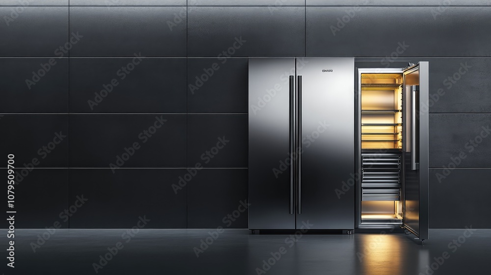 Modern Stainless Steel Refrigerator with Open Door and Ambient Lighting in Contemporary Kitchen Setting, Showcasing Sleek Design and Practical Storage Solutions Modern Stainless Steel Refrigerator with Open Door and Ambient Lighting in Contemporary Kitchen Setting, Showcasing Sleek Design and Practical Storage Solutions