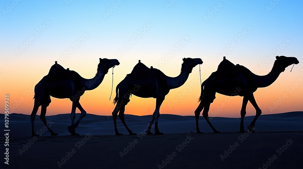 Silhouetted Camels Against Sunset Sky