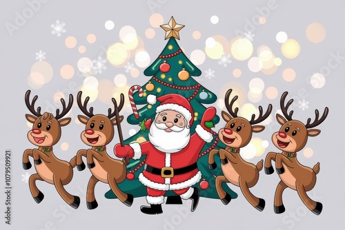 Cheerful Cartoon Santa Claus Reindeer Christmas Tree - Festive Holiday Illustration Christmas Marketing Seasonal Celebrations