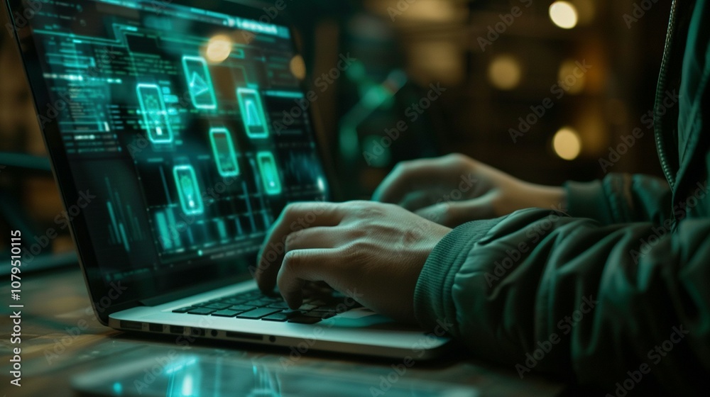 Digital Threats Unveiled: A Person Typing on a Laptop Amidst Holographic Warnings