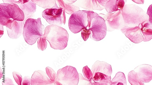 Seamless rim featuring watercolor pink orchid petals against a white background Botanical herbaria Purple dried flowers suitable for floral designs or greeting cards Exotic border ideal for wallpa photo