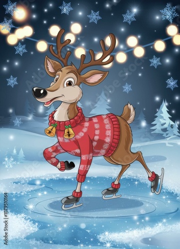 Cheerful Cartoon Reindeer Ice Skating Red Sweater - Festive Holiday Illustration Christmas Marketing Greeting Cards