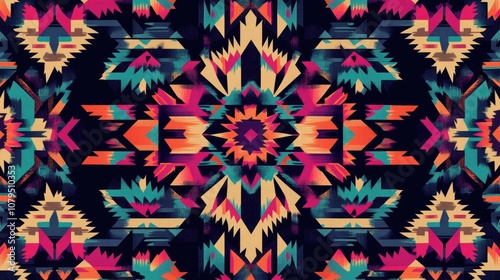 Seamless geometric pattern featuring vibrant Native American designs ideal for textile applications and ethnic decor