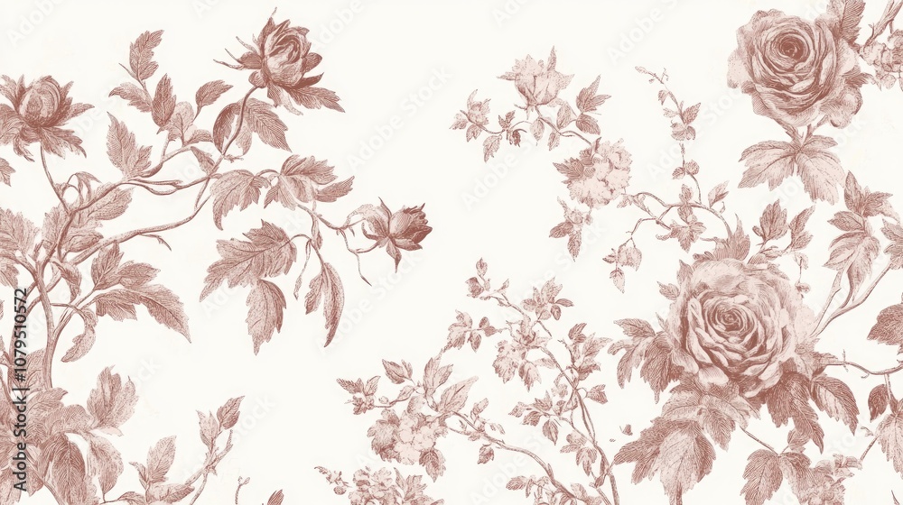 Fototapeta premium Elegant vintage floral seamless pattern featuring Toile De Jouy style perfect for textiles and wallpaper design