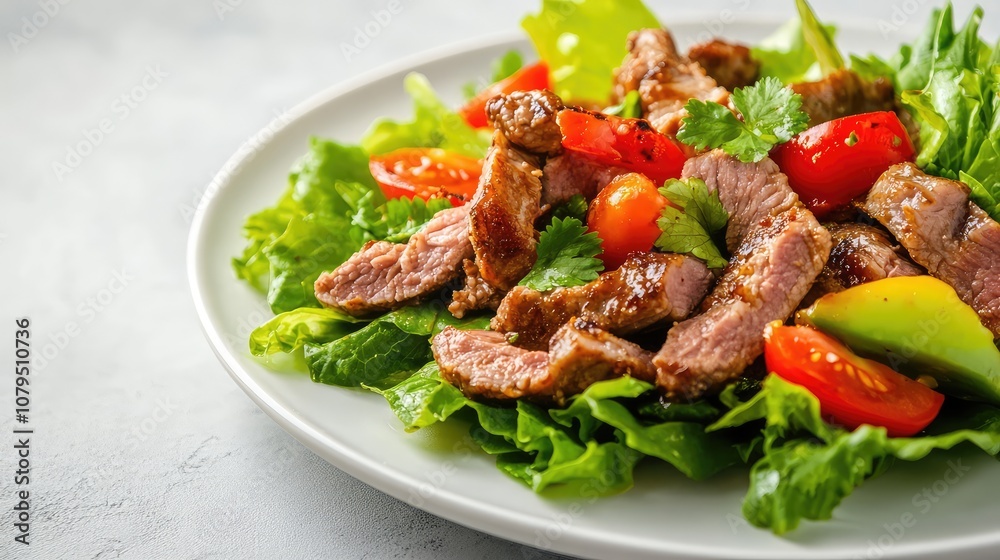 Fresh and Flavorful Salad with Grilled Steak, Cherry Tomatoes, Avocado, and Herbs on a Light Gray Background for Healthy Eating and Culinary Inspiration Fresh and Flavorful Salad with Grilled Steak, Cherry Tomatoes, Avocado, and Herbs on a Light Gray Background for Healthy Eating and Culinary Inspiration