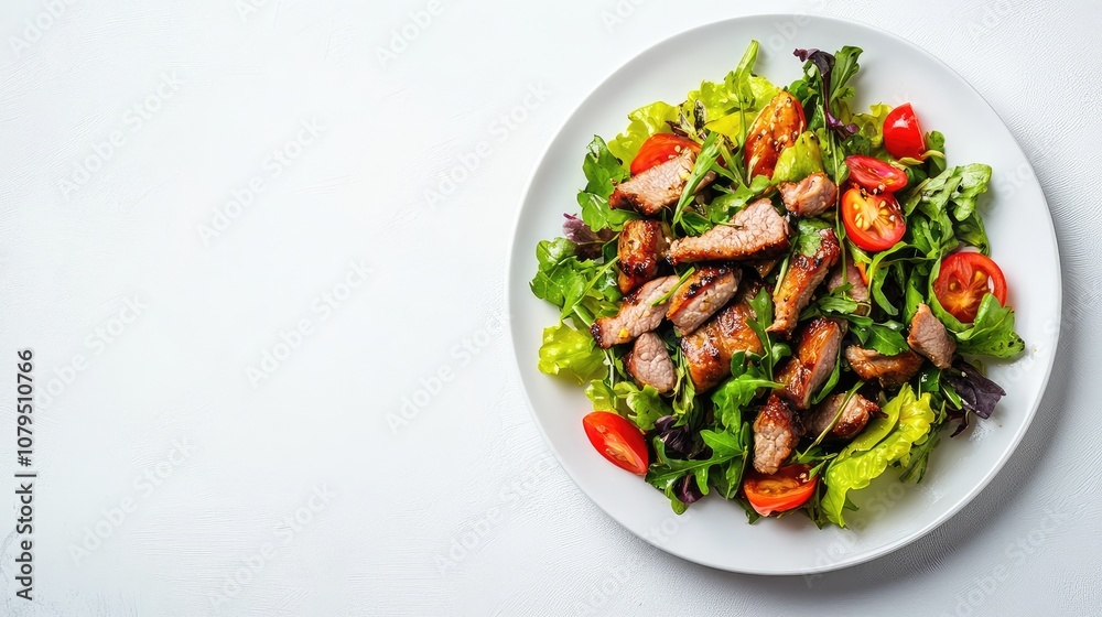 Fresh and Colorful Salad with Grilled Meat, Cherry Tomatoes, and Mixed Greens on a White Background for Healthy Eating and Culinary Inspiration Fresh and Colorful Salad with Grilled Meat, Cherry Tomatoes, and Mixed Greens on a White Background for Healthy Eating and Culinary Inspiration