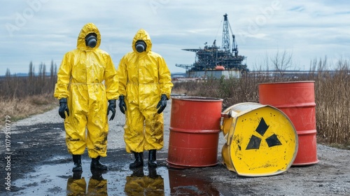 Oil spill cleanup equipment highlights workers in protective gear near offshore rig to ensure environmental safety