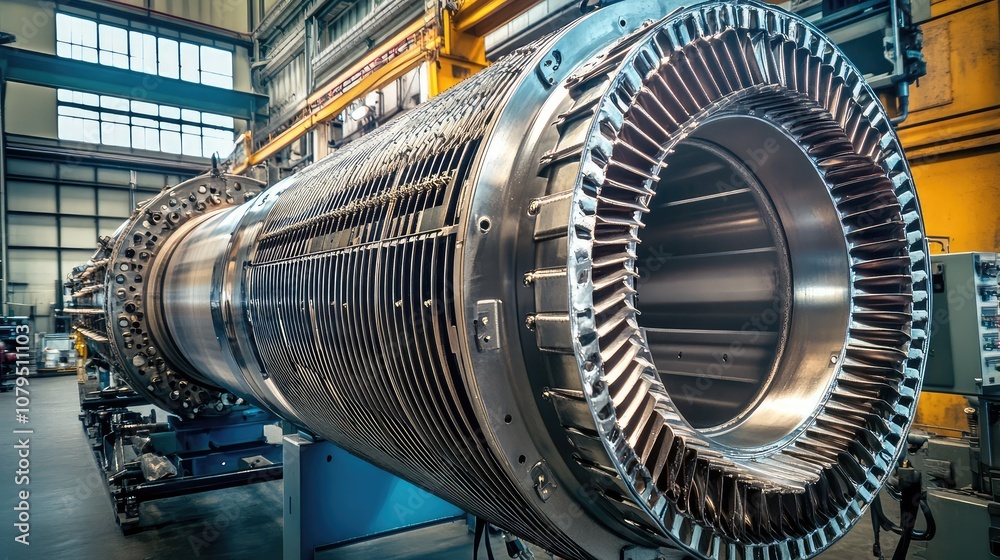 Detailed View of a Large Industrial Turbine Engine in a Well-Lit Workshop with Advanced Machinery and Equipment for Aviation or Power Generation