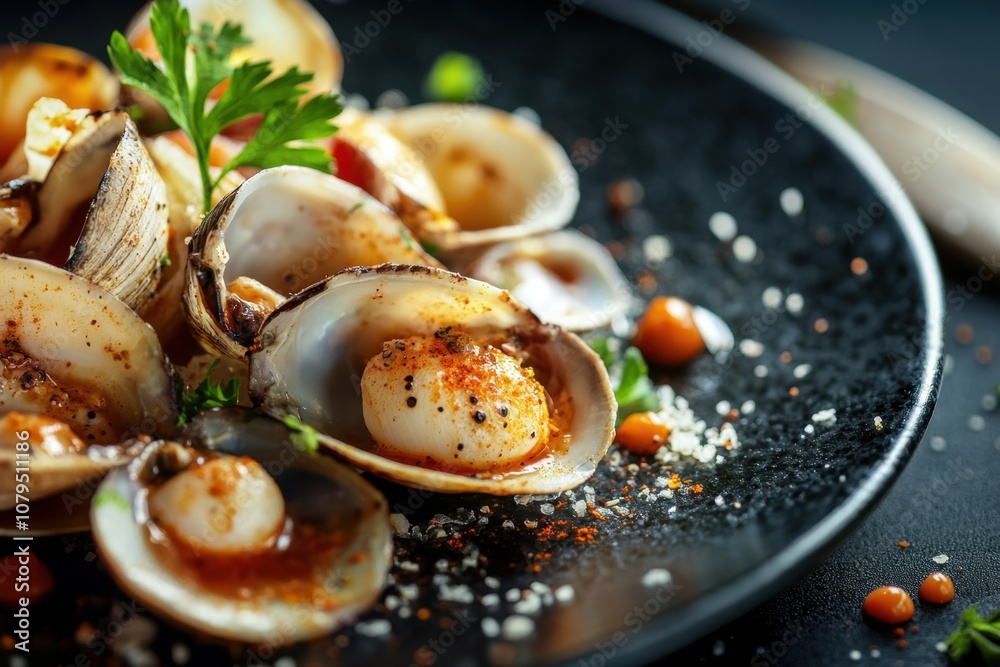 Close-up of steamed clams in their shells with herbs and spices on a black plate.