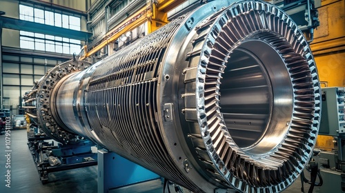 Detailed View of a Large Industrial Turbine Engine in a Well-Lit Workshop with Advanced Machinery and Equipment for Aviation or Power Generation