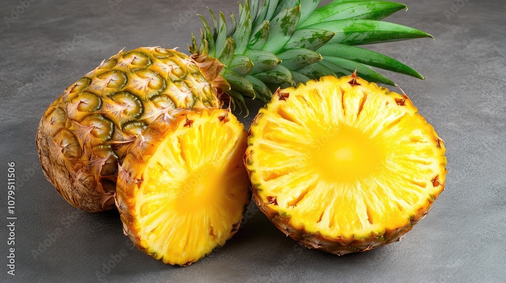 Fresh and Juicy Pineapple Cut in Half Showing Bright Yellow Flesh and Nature's Texture with Green Leaves on a Gray Background