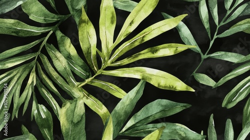 Seamless watercolor pattern featuring green palm leaves against a black background Hand painted on paper