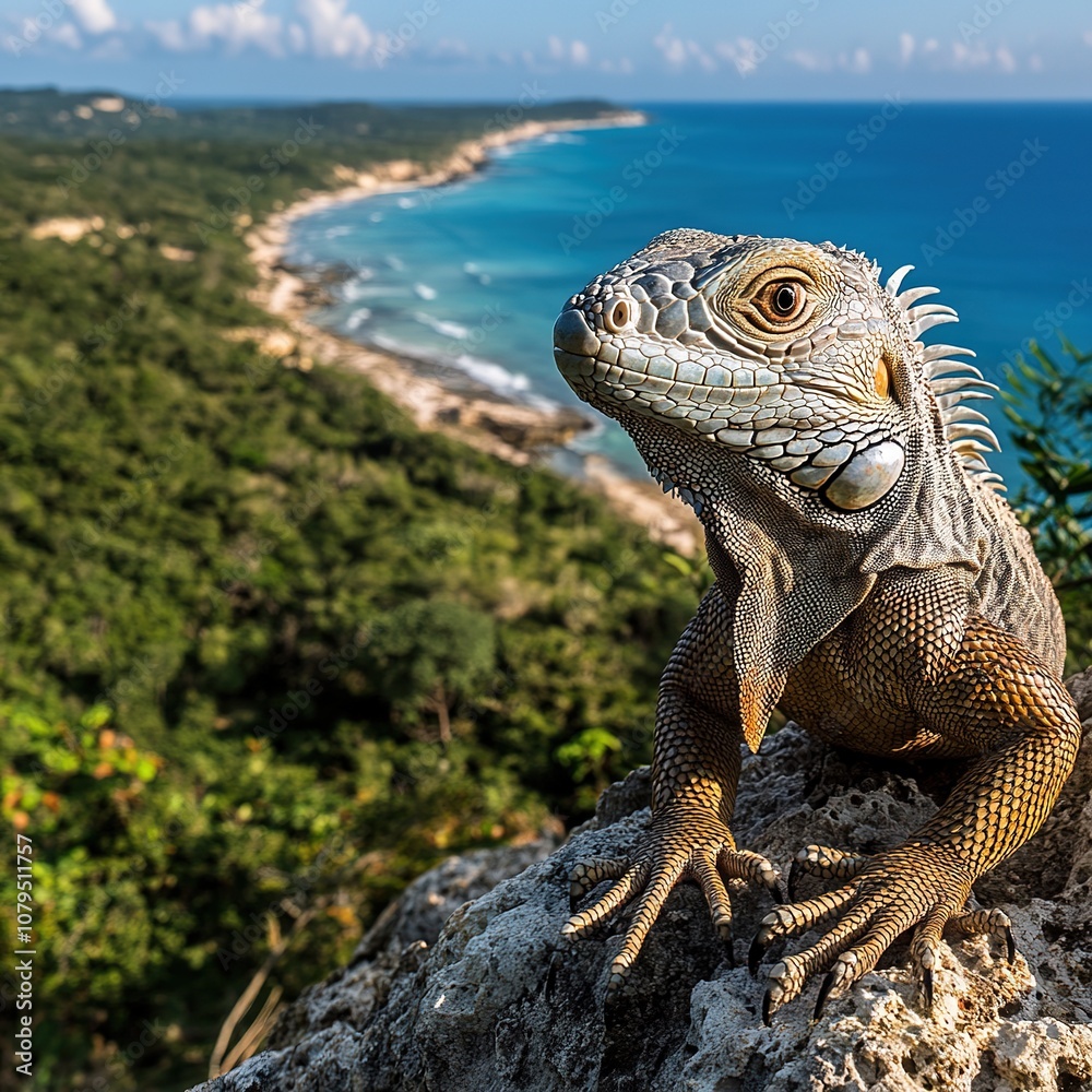Fototapeta premium Lizard in nature coastal landscape wildlife photography tropical environment close-up view biodiversity conservation