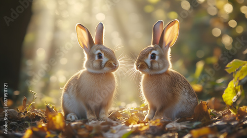 rabbits in the forest, with soft fur and big ears. The sunlight shines through the leaves on them photo