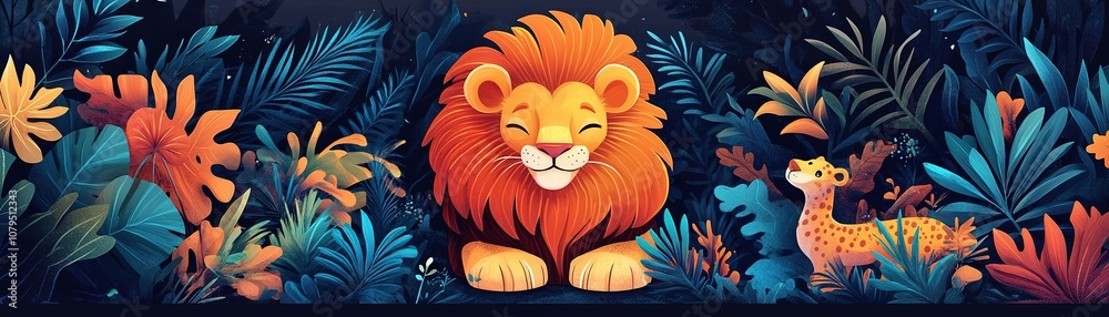 Playful encounter lion and leopard vibrant jungle digital art whimsical colorful nature Playful encounter lion and leopard vibrant jungle digital art whimsical colorful nature