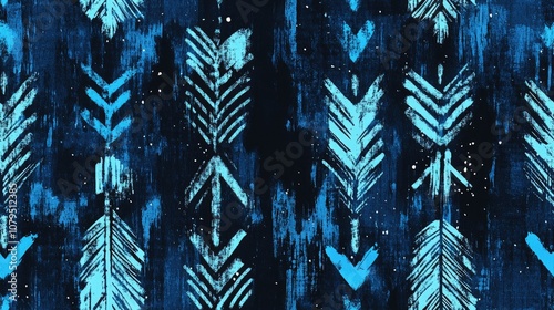Ethnic seamless ikat embroidery featuring blue arrow print hand drawn geometric patterns and textured cosmos ikat design in black brush watercolor