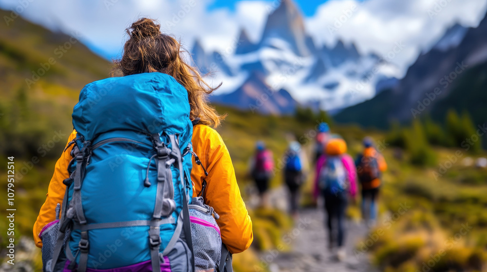 Hikers with backpacks traverse a scenic trail, leading their journey to the towering mountain peaks visible in the breathtaking mountainous landscape ahead. Hikers with backpacks traverse a scenic trail, leading their journey to the towering mountain peaks visible in the breathtaking mountainous landscape ahead.