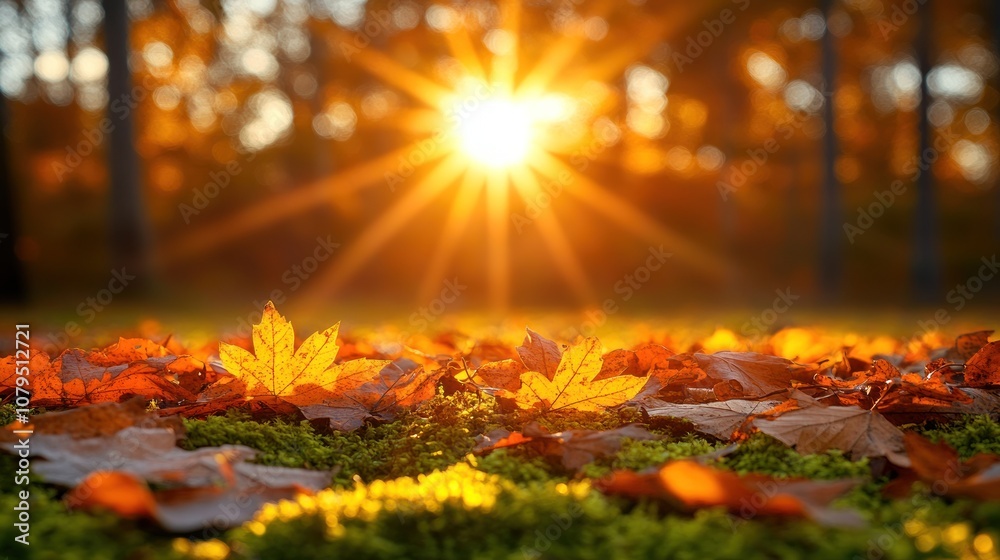 Golden autumn leaves in a forest with a warm sunset. Golden autumn leaves in a forest with a warm sunset.