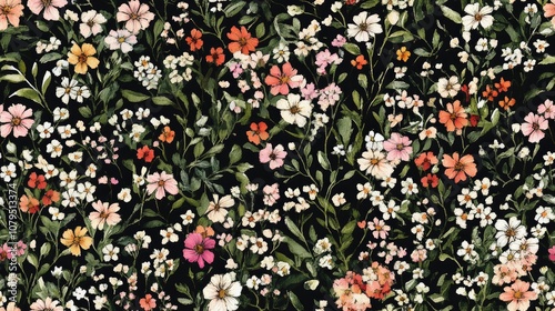 Fototapeta Naklejka Na Ścianę i Meble -  Watercolor repeat pattern featuring bouquets of small summer flowers on a black background Ideal for textile design wrapping paper wallpaper cover design and more