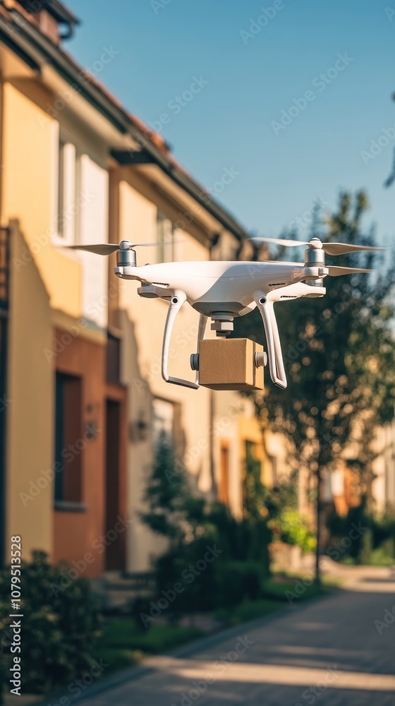 A drone flying over a residential area, likely for delivery or surveillance purposes. A drone flying over a residential area, likely for delivery or surveillance purposes.