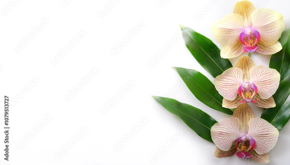 Fresh Orchid flower garland foliage on side position provides copy space for text. background concept isolated white Fresh Orchid flower garland foliage on side position provides copy space for text. background concept isolated white