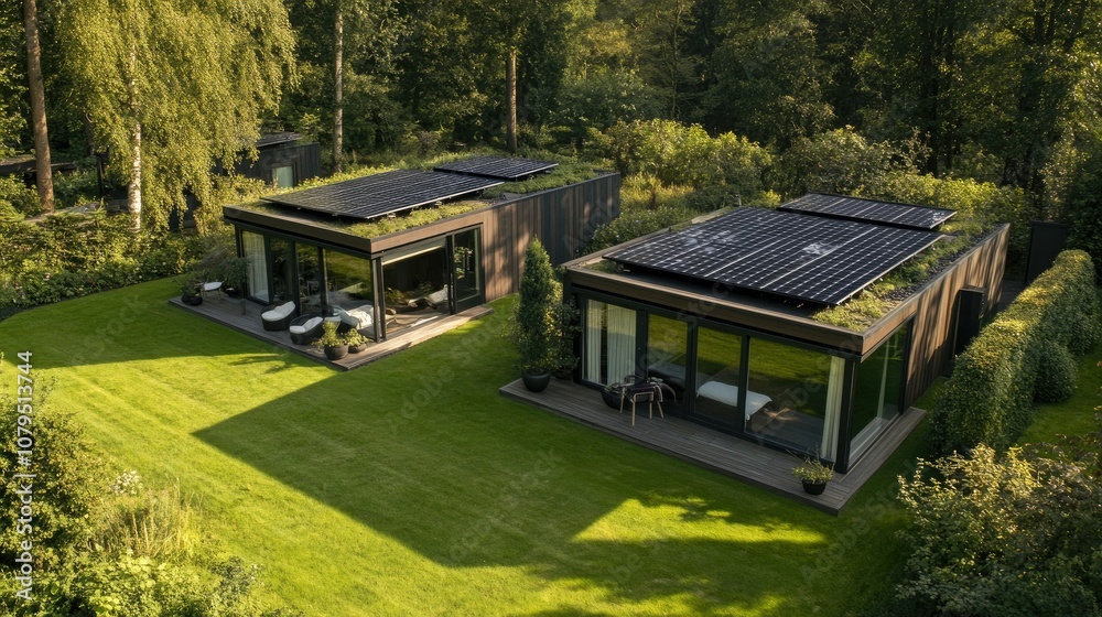 Naklejka premium Modern Houses with Solar Panels in Green Landscape