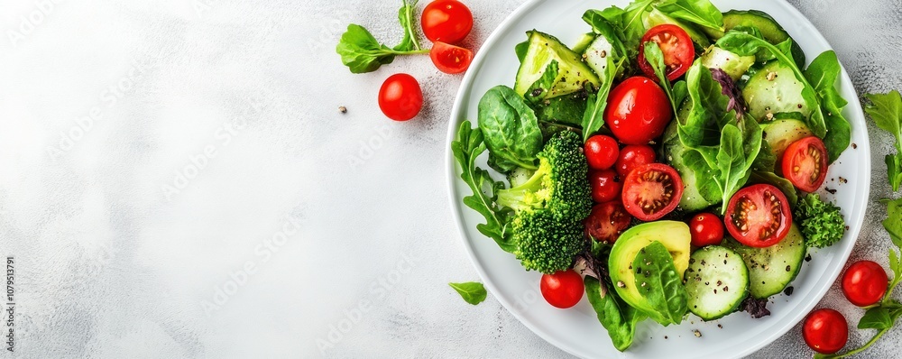 A fresh salad with tomatoes, cucumbers, broccoli, and leafy greens on a white plate. A fresh salad with tomatoes, cucumbers, broccoli, and leafy greens on a white plate.