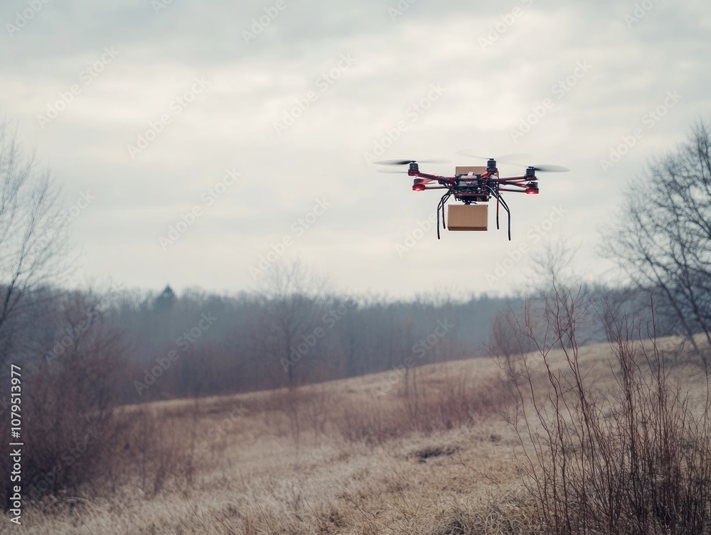 A drone flying over a field, carrying a small package for delivery. A drone flying over a field, carrying a small package for delivery.